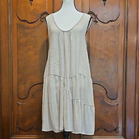Easel Dress | Slightly Sheer | M | Deep Scoop Neck | Pleated | Beige | Oversized - Picture 1 of 10